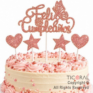 CAKE TOPPER FELIZ CUMPLEA�OS CON ESTRELLAS Y CORAZONES GIBRE ROSA GOLD